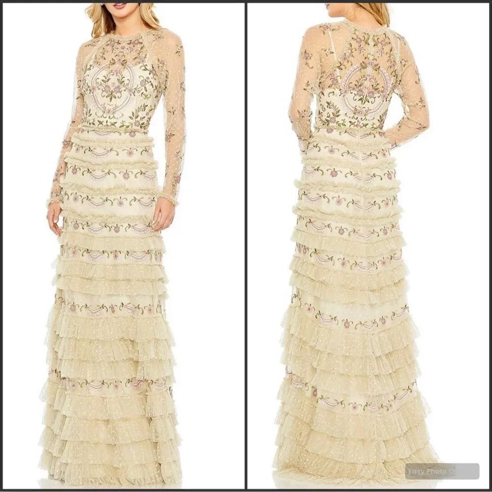 MAC DUGGAL 8030  Mesh Polka Dot Long Sleeve Floral Ruffle Tired Gown Dress